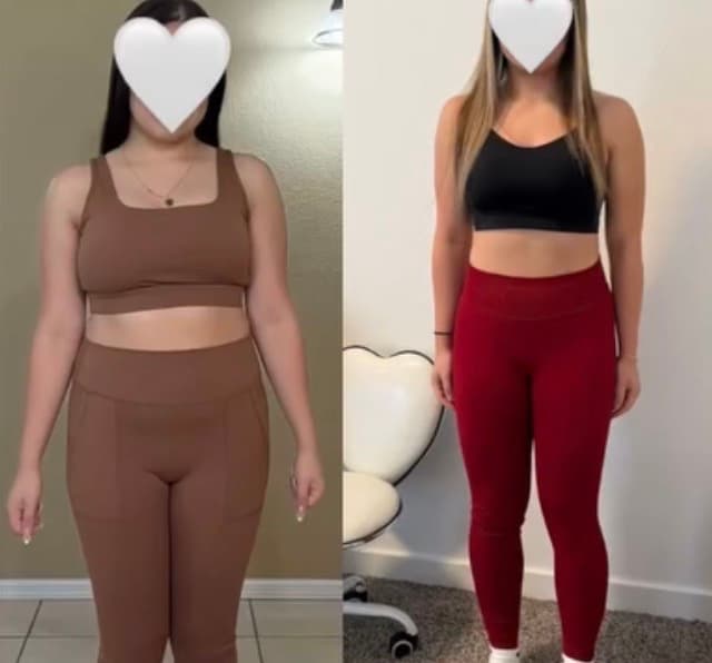Client before-and-after transformation, full-body front view